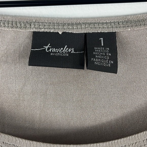 Chicos Travelers Slinky Beige Asymmetrical Tie Waist Dolman Sleeve Top Size M - Picture 4 of 13